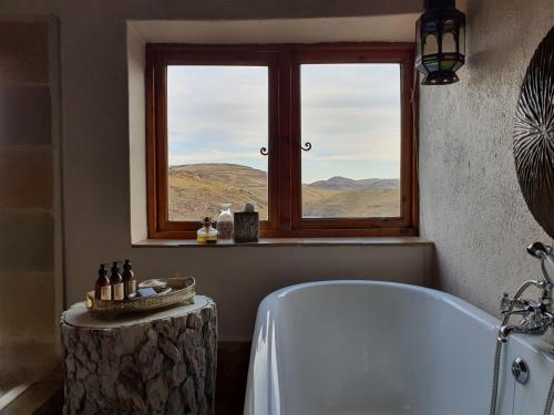 RhodesTenahead Lodge & Spa的带浴缸的浴室和窗户。
