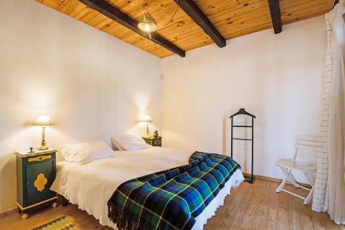 圣巴巴拉-迪内希Algarve Charming Rural 1br Villa的一间卧室设有一张床和木制天花板
