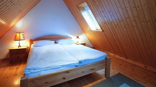 WalkendorfFerienGut Dalwitz Kitzklause的阁楼上的卧室设有一张床,设有窗户