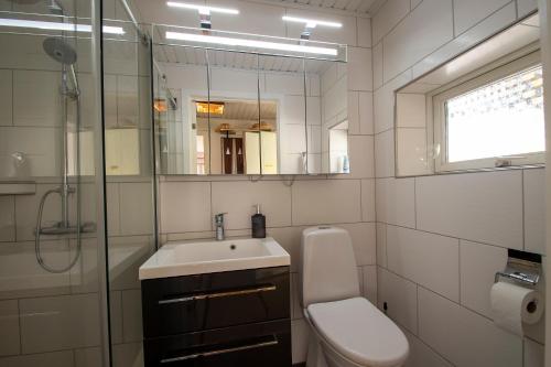 库拉萨Kollund Cottage的一间带水槽、卫生间和镜子的浴室
