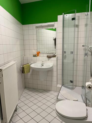滨湖克拉科Gästezimmer für Naturliebhaber的浴室配有卫生间、盥洗盆和淋浴。