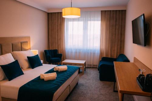 TopólkaJesionowa Noclegi的配有一张床和一张书桌的酒店客房