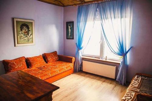 文戈热沃Domek letniskowy w leśnym zaciszu的客厅配有橙色沙发和窗户