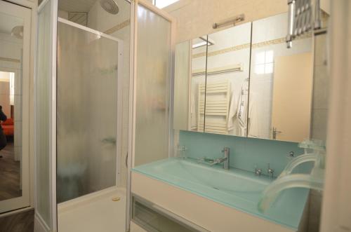博索莱伊Appartement avec parking pour 4 personnes en plein cœur de Monaco的一间带水槽和玻璃淋浴的浴室
