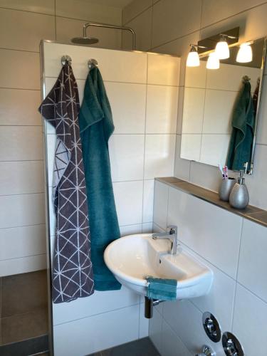 韦策Ferienwohnung Heeser Birkenhof - Urlaub auf dem Bauernhof mit Blick ins Grüne的一间带水槽和镜子的浴室
