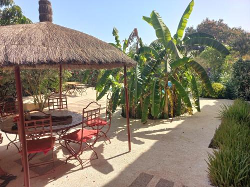 土巴迪亚劳比格博凯旅舍的庭院配有桌椅和草伞。