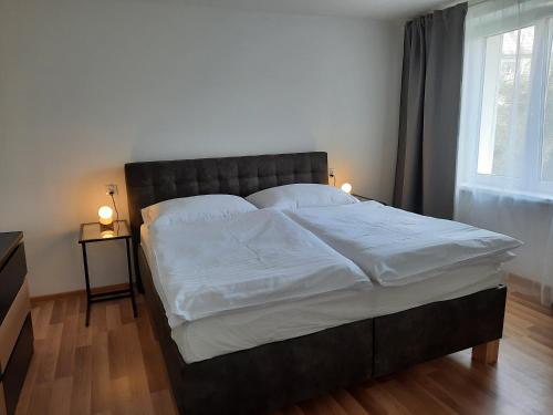 利普托斯基米库拉斯apartmán Filloména的一间卧室配有一张带白色床单的床和一扇窗户。