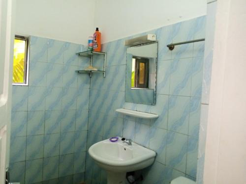 洛美HEBERTOGO TOKOIN CASABLANCA的蓝色瓷砖浴室设有水槽和镜子