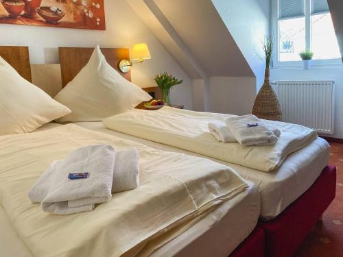 松德斯豪森Pension Schlossblick的客房内的两张床和毛巾