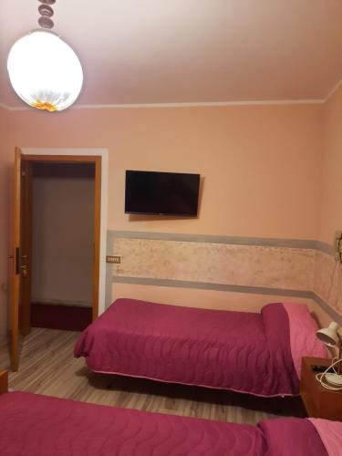 道内Albergo la Valle的一间卧室配有紫色的床和一台平面电视