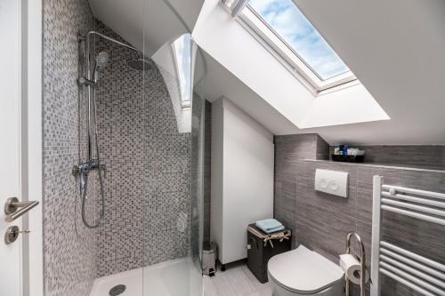 科普里夫尼察Apartments Adversarium的带淋浴和卫生间的浴室以及天窗。
