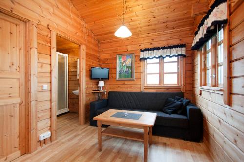 ÖlfusNupar Cottages的小木屋内带沙发的客厅