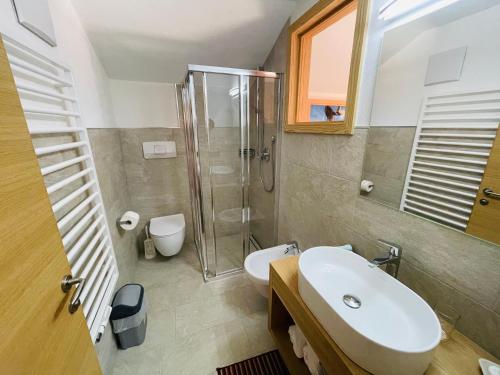 安特尔莫伊亚Hotel Elisabeth Panorama的一间带水槽、淋浴和卫生间的浴室