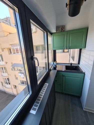 塔古玖Central Apartment的厨房设有绿色橱柜和窗户。