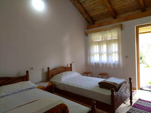 TepelenëBujtina Peshtan Guesthouse&Camping的一间卧室设有两张床和窗户。