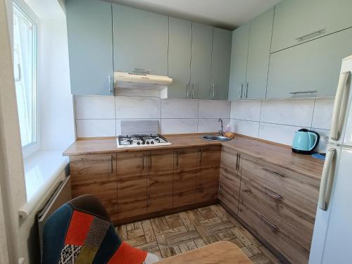 克洛佩夫尼茨基Shevchenko dvor的厨房配有白色橱柜和木制台面