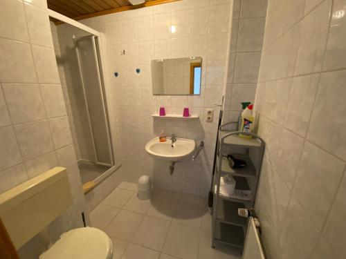 卡罗利嫩西尔Pension Pradler Wohnung 1的白色的浴室设有水槽和卫生间。