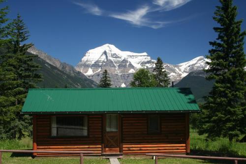 罗布森山罗布森山旅馆 的山前带绿色屋顶的小木屋