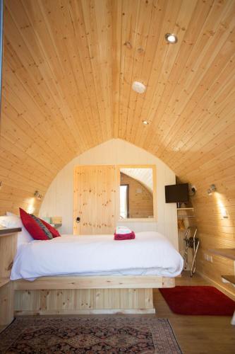 GreenheadHadrian's Holiday Lodges的卧室设有一张木制天花板上的大床