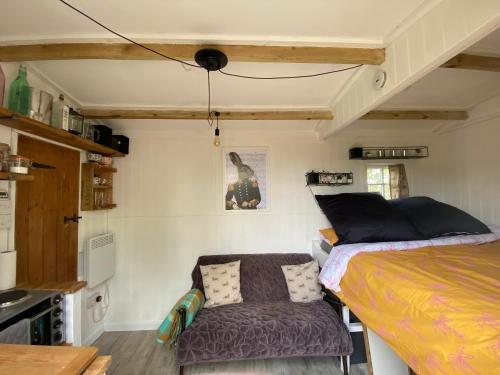 MellisMr Hares shepherd hut的一间小卧室,配有一张床和一把椅子