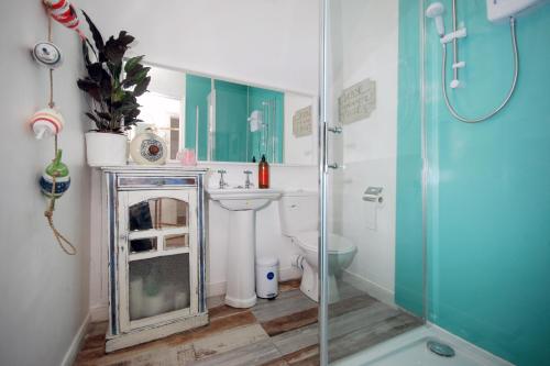 文特诺Enjoy Ventnor 2, Pier Street, Wightlink offer的一间带水槽、卫生间和淋浴的浴室
