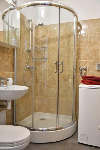 派尔努Rääma Apartment的带淋浴、卫生间和盥洗盆的浴室