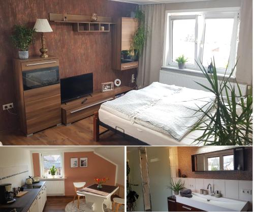 阿罗德Ferienwohnung Malu Sol im Harz - stilvoll, gemütlich, tierfreundlich - mit Garten的卧室两张图片,配有一张床和电视