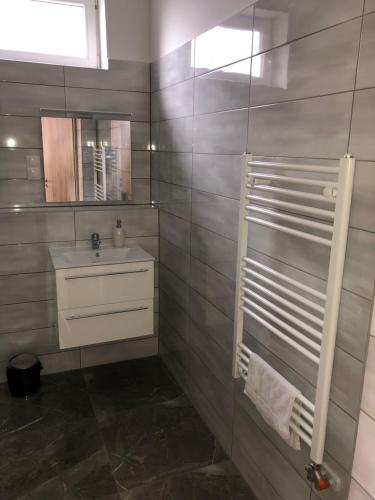 西格利盖特Pupos Apartman Szigliget的一间带水槽和镜子的浴室