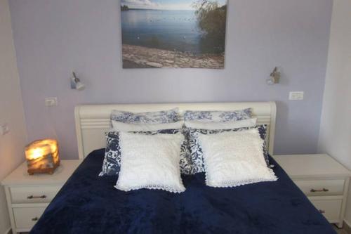 阿拉德Mory's Place - Luxurious Holiday Apartment的一间卧室配有一张带蓝色床单和枕头的床。