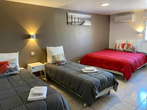 马瑟伊兰LOGIS Hôtel La Chaumière的一间卧室配有两张床和红色毯子