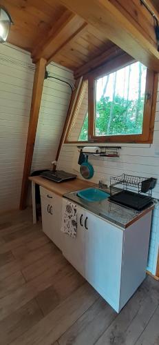 奇强卡Domki pod Dębami的一个带水槽的厨房和一个窗户