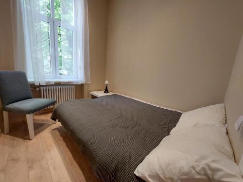 里加Cosy one seperate bedroom apartment in city center, perfect for family trip.的卧室配有床、椅子和窗户。