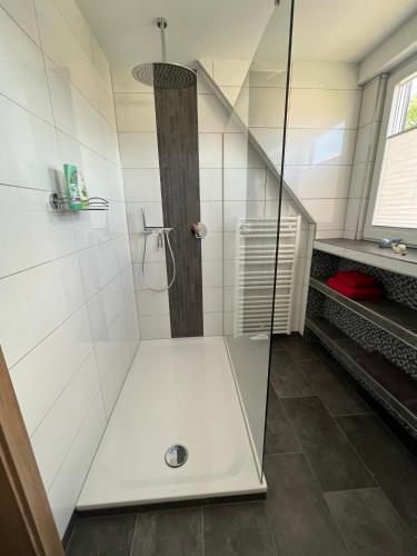 东贝沃恩Gästezimmer Am Haarhaus的浴室里设有玻璃门淋浴