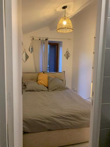 La Roquette-sur-SiagneTinyHouse的一间卧室配有一张床和吊灯