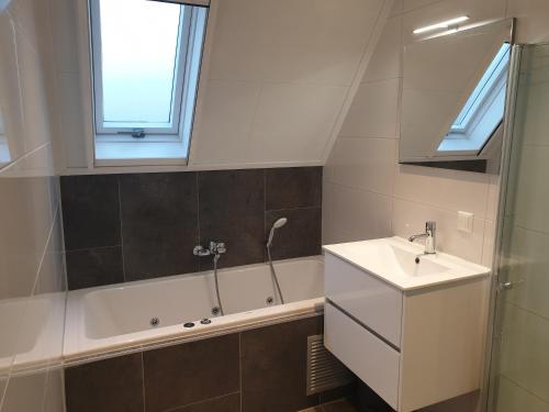 GramsbergenGezellig vakantiehuis 't Gramsbergje的浴室配有盥洗盆和浴缸。