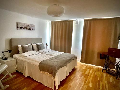 特雷勒堡Trelleborg Central Vila的一间卧室配有一张床、一张书桌和一个窗户。