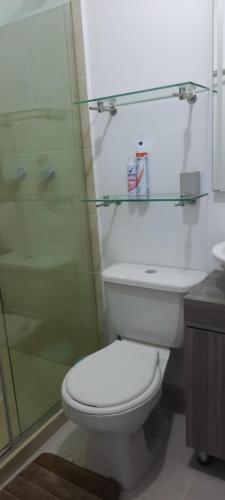 佩雷拉comodo Apartamento alojamiento Pereira Gamma的一间带卫生间和玻璃淋浴间的浴室