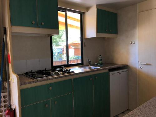 维亚雷焦Toskana, Viareggio,Chalet 27 mit Klimaanlage und Wlan的厨房配有绿色橱柜、水槽和窗户