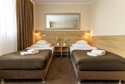 罗兹波什酒店的配有镜子的酒店客房内的两张床