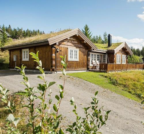 特吕西尔ReveEnka - cabin in Trysil with Jacuzzi for rent的小木屋,设有草屋顶