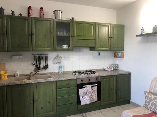托雷戴科尔萨里Aria Dorata的厨房配有绿色橱柜和炉灶。 顶部烤箱
