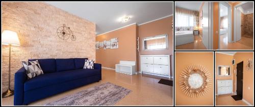 尼普顿Apartament Alexandru Neptun Private Suites的一张蓝色沙发客厅的照片拼凑而成
