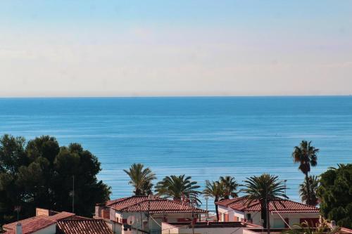 坎布里尔斯Agaró Cambrils Apartments的享有大海美景,拥有房屋和棕榈树