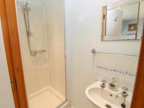 文特诺Fisherman's Cottage的带淋浴、卫生间和盥洗盆的浴室