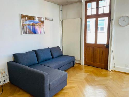巴塞尔Apartment Marktplatz 2的客厅里设有蓝色的沙发,客厅设有门