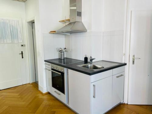 巴塞尔Apartment Marktplatz 2的白色的厨房设有水槽和炉灶。