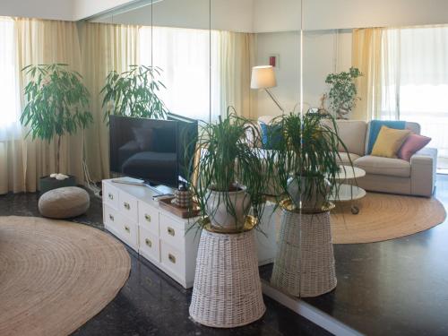 比雷埃夫斯Nina's cozy apartment in Mikrolimano的客厅里有两个花瓶,里面种有植物