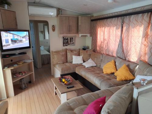 拉特斯Mobil home - Clim, LL, TV - Camping Le Lac des Rêves '4 étoiles' - 001的带沙发和平面电视的客厅