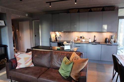 FavangNew and fresh apartement in Kvitfjell的带沙发的客厅和厨房