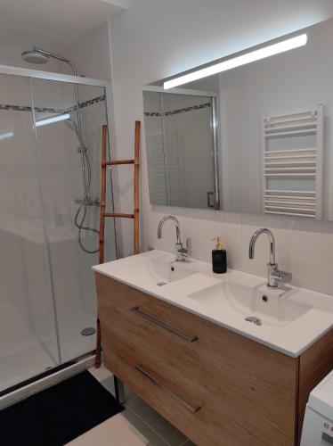 康卡勒Ty gwenn的一间带两个盥洗盆和淋浴的浴室